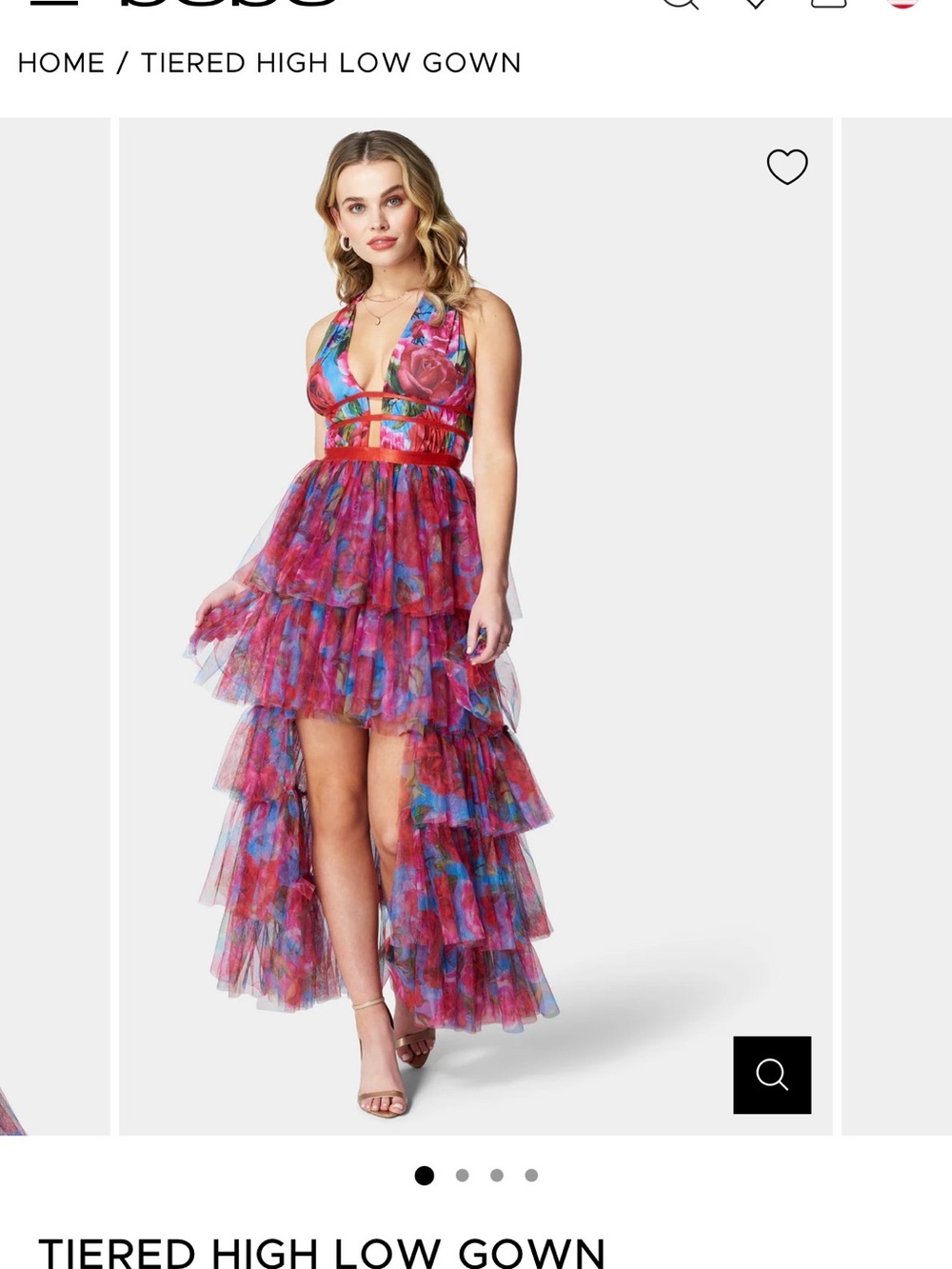bebe Multicolor Red-Pink Tiered High-Low Gown sexy wedding formal dress